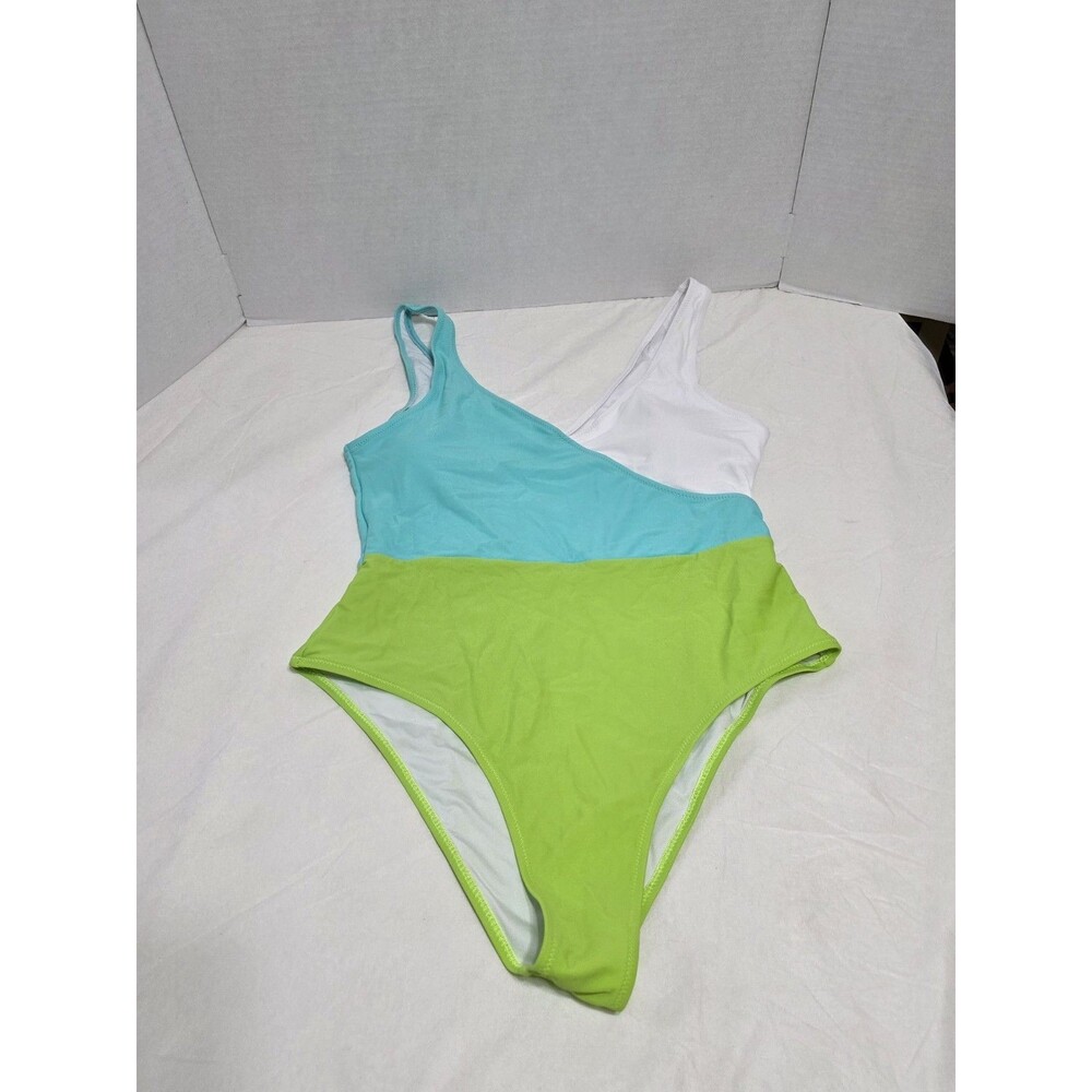 White, Turquoise, Lime Green Color Block One Piece Swimsuit Woman's Size XL